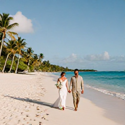 Caribbean Holidays, January Weddings, Newlyweds walking along a quiet Guadeloupe beach in warm January sunshine, with turquoise water and palm trees