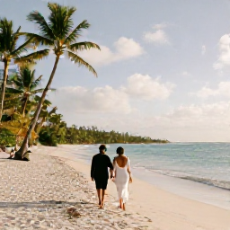 Caribbean Holidays, January Weddings, Newlyweds walking along a quiet Haitian beach in warm January sunshine, with turquoise water and palm trees