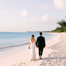 Caribbean Holidays, January Weddings, Newlyweds walking along a quiet pink-sand Bermuda beach in soft January sunshine