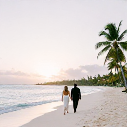 Caribbean Holidays, January Weddings, Newlyweds walking along a quiet white-sand beach in the Dominican Republic at sunrise, with calm turquoise water and palm trees
