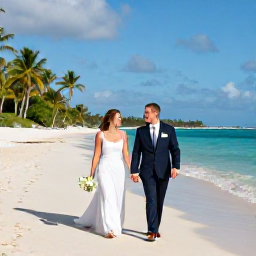Caribbean Holidays, January Weddings, Newlyweds walking along a sunlit Caribbean beach in January, turquoise sea and gentle palm trees in the background