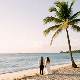 Caribbean Holidays, January Weddings, Newlyweds walking beside a palm-fringed Puerto Rican beach at golden hour, with calm turquoise water and soft winter sunshine