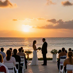 Caribbean Holidays, January Weddings, Romantic Aruba wedding reception at sunset with newlyweds and guests dining outdoors beside the sea