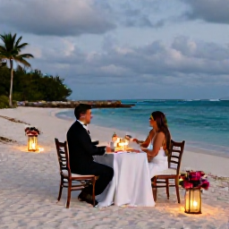 Caribbean Holidays, January Weddings, Romantic beachfront dinner for newlyweds in Turks and Caicos at dusk, with lanterns, flowers and ocean views