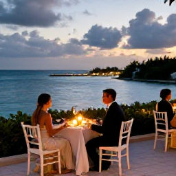 Caribbean Holidays, January Weddings, Romantic candlelit dinner for newlyweds on a Bermuda restaurant terrace overlooking the sea at dusk