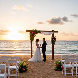 Caribbean Holidays, January Weddings, Romantic Puerto Rican beach ceremony at sunset, white chairs on golden sand, tropical flowers, gentle waves and a couple exchanging vows