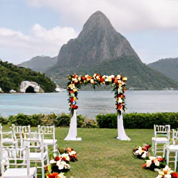 Caribbean Holidays, January Weddings, Romantic Saint Lucia wedding setting with tropical flowers, white chairs, a decorated arch and the Pitons in the background