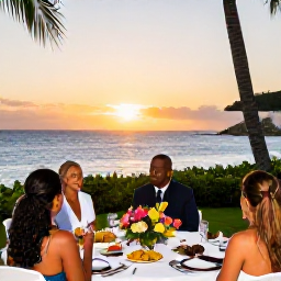 Caribbean Holidays, January Weddings, Wedding guests enjoying a Caribbean reception with tropical flowers, local food and sea views in Saint Martin at sunset