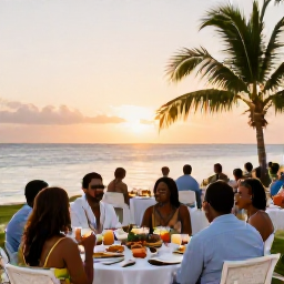Caribbean Holidays, January Weddings, Wedding guests enjoying a relaxed Caribbean reception at sunset on Saint Kitts, with tropical food, drinks and tables near the beach