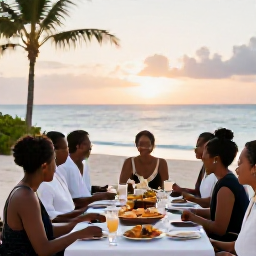 Caribbean Holidays, January Weddings, Wedding guests enjoying a relaxed Haitian beach reception at sunset with tropical food, drinks and soft lighting