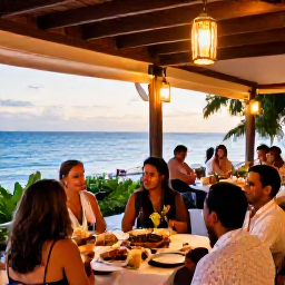 Caribbean Holidays, January Weddings, Wedding guests enjoying a relaxed Puerto Rican reception with tropical dishes, music, lanterns and a view of the sea