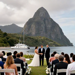 Caribbean Holidays, January Weddings, Wedding guests exploring Saint Lucia after a ceremony, with a catamaran near the Pitons and lush green coastline