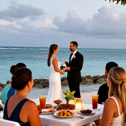 Caribbean Holidays, January Weddings, Wedding guests relaxing at a beachside restaurant in Turks and Caicos after a ceremony, with fresh seafood, tropical drinks and an evening ocean view