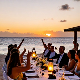 Caribbean Holidays, January Weddings, Wedding reception at sunset beside the Caribbean Sea in Cura&ccedil;ao, long table, lanterns and guests celebrating