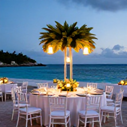 Caribbean Holidays, January Weddings, Wedding reception on an Antigua beach at dusk with round tables, lanterns, tropical greenery and the Caribbean Sea
