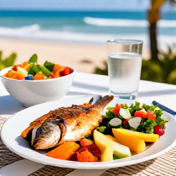 Caribbean Holidays, January Wellness, A colourful healthy meal on a shaded Cura&ccedil;ao terrace, including fresh fish, tropical fruit, salad and a glass of water