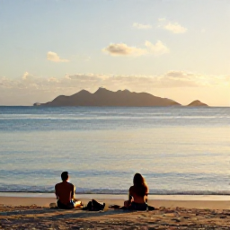Caribbean Holidays, January Wellness, A couple relaxing on a quiet beach in Nevis at sunset, with calm sea, warm light and distant mountains