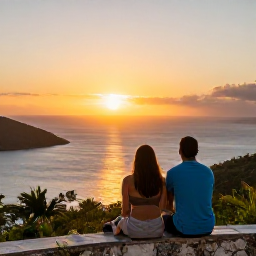 Caribbean Holidays, January Wellness, A couple watching a golden sunset from a quiet viewpoint above the Caribbean in St Thomas, US Virgin Islands