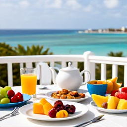 Caribbean Holidays, January Wellness, A healthy Caribbean breakfast with fresh tropical fruit, juice and local ingredients on a shaded terrace overlooking the sea in St Croix