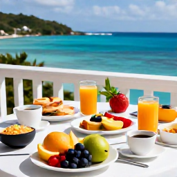 Caribbean Holidays, January Wellness, A healthy Caribbean breakfast with fresh tropical fruit, juice and local ingredients on a shaded terrace overlooking the sea in the British Virgin Islands