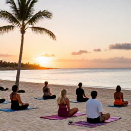 Caribbean Holidays, January Wellness, A peaceful beachfront yoga session in Cura&ccedil;ao at sunrise, with travellers on mats, palm trees and calm Caribbean water