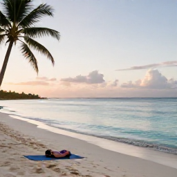 Caribbean Holidays, January Wellness, A peaceful Caribbean beach at sunrise in January, with calm turquoise water, soft sand, palm trees and a comfortable yoga mat near the shore