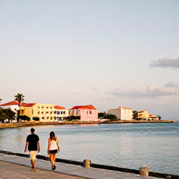 Caribbean Holidays, January Wellness, A peaceful late afternoon view of Cura&ccedil;ao with pastel buildings, calm sea, soft sunlight and a relaxed couple walking along the waterfront