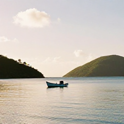 Caribbean Holidays, January Wellness, A quiet sheltered bay in the British Virgin Islands at golden hour, with a small boat, calm water and green hills under a soft sky