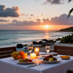 Caribbean Holidays, January Wellness, A relaxed Caribbean evening with a healthy dinner on a terrace overlooking the ocean, candles, fresh fruit and a glowing sunset