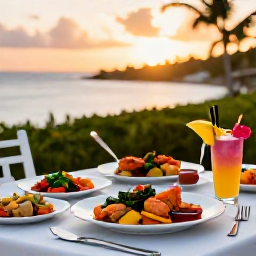 Caribbean Holidays, January Wellness, A relaxed outdoor table at a Caribbean restaurant in Saint Kitts, serving fresh seafood, colourful vegetables and tropical fruit at sunset
