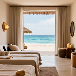Caribbean Holidays, January Wellness, A tranquil Cura&ccedil;ao spa interior with natural textures, soft towels, candles and an open view towards the Caribbean Sea