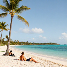 Caribbean Holidays, January Wellness, A tranquil sandy beach in St Thomas, US Virgin Islands, with turquoise water, palm trees and a couple relaxing in morning sunshine