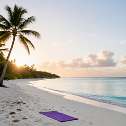 Caribbean Holidays, January Wellness, A tranquil white-sand beach in the British Virgin Islands at sunrise, calm turquoise water, palm trees and a yoga mat