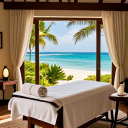 Caribbean Holidays, January Wellness, An elegant Caribbean spa overlooking the sea, with a treatment room, fresh towels, tropical greenery and warm natural light