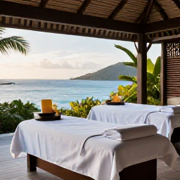 Caribbean Holidays, January Wellness, An elegant open-air Caribbean spa beside the sea in the British Virgin Islands, with treatment beds, tropical plants and soft morning light