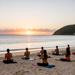 Caribbean Holidays, January Wellness, An open-air yoga class overlooking the Caribbean Sea on a quiet beach in St John, US Virgin Islands, at sunrise