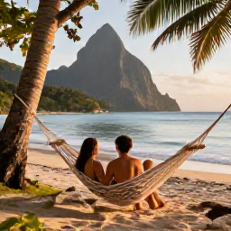 Caribbean Holidays, January Wellness, Couple relaxing in a hammock beside a quiet Saint Lucia beach at golden hour with the Pitons in the distance