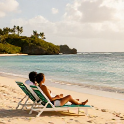 Caribbean Holidays, January Wellness, Couple relaxing in comfortable loungers beside a quiet Caribbean beach in St Thomas, United States Virgin Islands, warm January afternoon