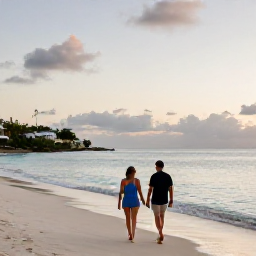 Caribbean Holidays, January Wellness, Couple walking along a quiet Caribbean beach at sunset in Saint Martin, peaceful sea, warm evening light and relaxed holiday mood