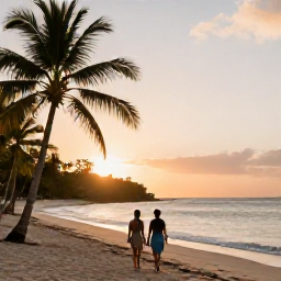 Caribbean Holidays, January Wellness, Couple walking on a quiet Dominican Republic beach at sunset, palm trees, warm light and calm Caribbean water