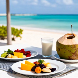 Caribbean Holidays, January Wellness, Fresh healthy Bahamian breakfast with tropical fruit, local seafood and coconut water on a shaded terrace overlooking the sea