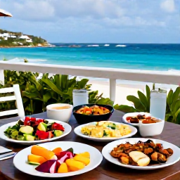 Caribbean Holidays, January Wellness, Healthy Caribbean lunch with fresh fruit, colourful salad and grilled seafood at a terrace overlooking the sea in Sint Maarten