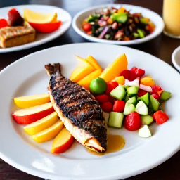 Caribbean Holidays, January Wellness, Healthy Caribbean lunch with fresh fruit, grilled fish and colourful salad at an open-air restaurant in the United States Virgin Islands