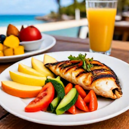 Caribbean Holidays, January Wellness, Healthy Caribbean lunch with fresh fruit, grilled fish and colourful vegetables at a relaxed seaside restaurant in Saint Vincent and the Grenadines
