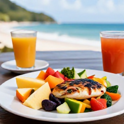 Caribbean Holidays, January Wellness, Healthy Caribbean lunch with fresh fruit, grilled fish and colourful vegetables at a Saint Lucia seaside restaurant