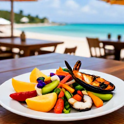 Caribbean Holidays, January Wellness, Healthy Caribbean meal with fresh fruit, colourful vegetables and grilled seafood served at an outdoor restaurant overlooking the sea in Saint Kitts