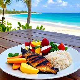 Caribbean Holidays, January Wellness, Healthy colourful Dominican Republic meal with fresh fruit, grilled fish, rice and salad served on a sunny terrace