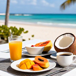 Caribbean Holidays, January Wellness, Healthy Dominican Republic breakfast with fresh mango, papaya, coconut, juice and coffee on a shaded terrace overlooking the sea