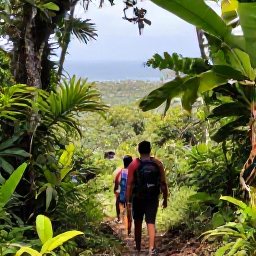 Caribbean Holidays, January Wellness, Hikers walking through lush rainforest on Mount Liamuiga in Saint Kitts, with tropical foliage and distant coastal views