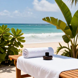 Caribbean Holidays, January Wellness, Open-air wellness treatment beside a Caribbean beach in Saint Kitts, with tropical plants, soft towels and natural wooden details